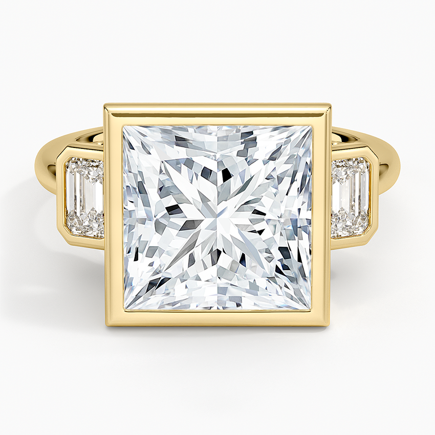Rhiannon Bezel Three Stone Diamond Ring Yellow Gold 18k Princess Engagement Ring