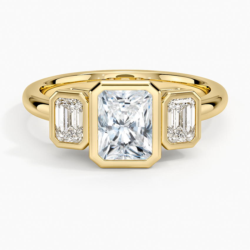 Rhiannon Bezel Three Stone Diamond Ring Yellow Gold 18k Radiant Engagement Ring