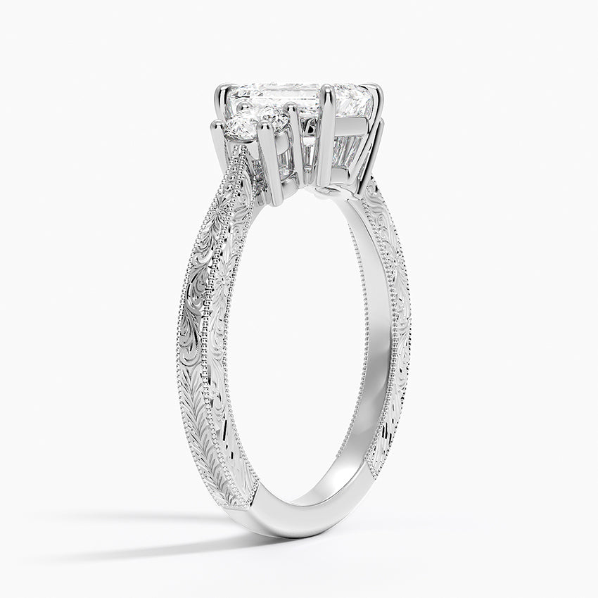 Elsie Three Stone Engraved Diamond Ring (1/3 ct. tw.) Platinum Emerald Engagement Ring