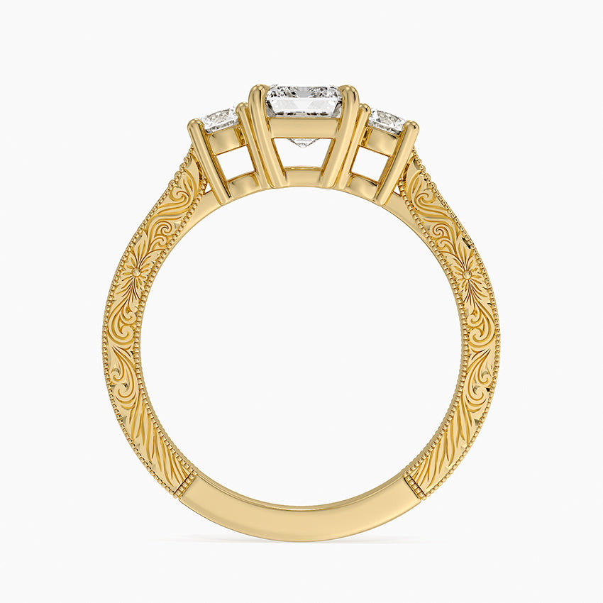 Elsie Three Stone Engraved Diamond Ring (1/3 ct. tw.) Yellow Gold 18k Emerald Engagement Ring