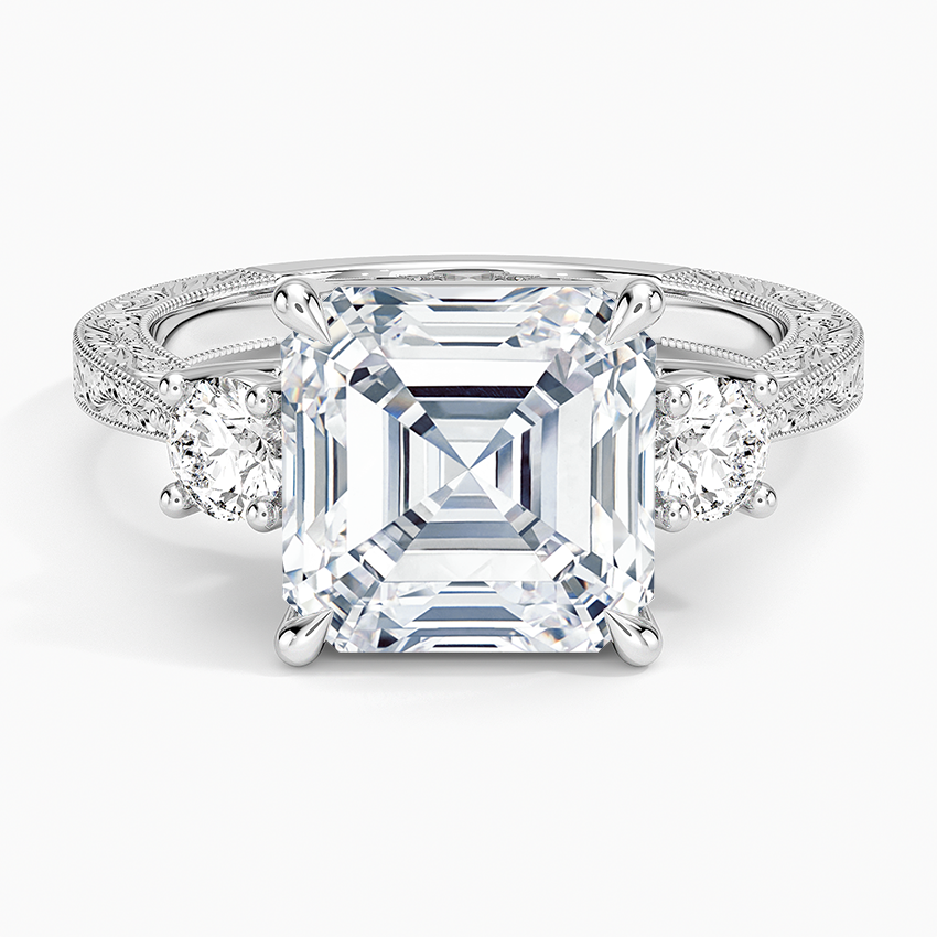 Elsie Three Stone Engraved Diamond Ring (1/3 ct. tw.) Platinum Asscher Engagement Ring