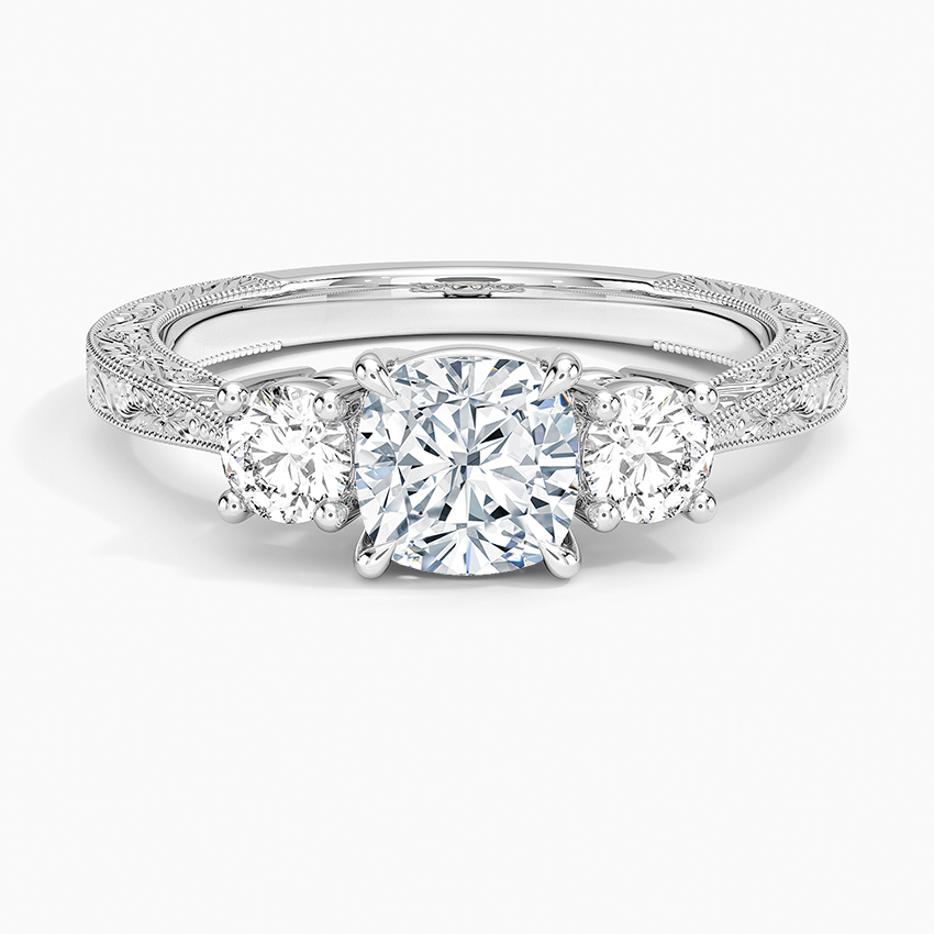 Elsie Three Stone Engraved Diamond Ring (1/3 ct. tw.) Platinum Cushion Engagement Ring