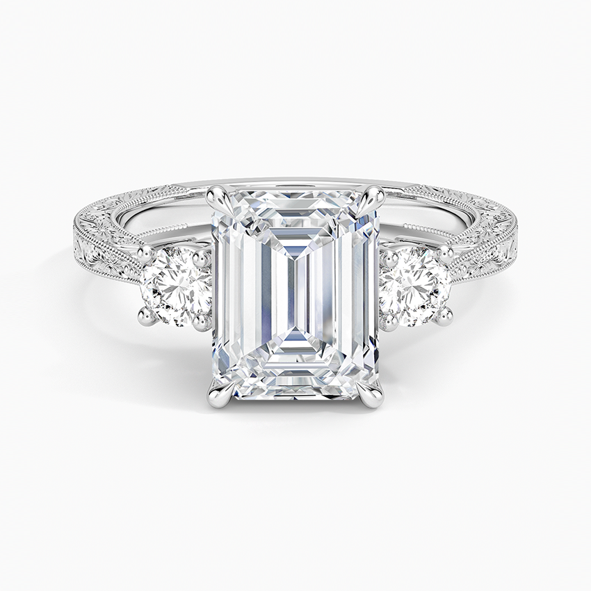 Elsie Three Stone Engraved Diamond Ring (1/3 ct. tw.) Platinum Emerald Engagement Ring
