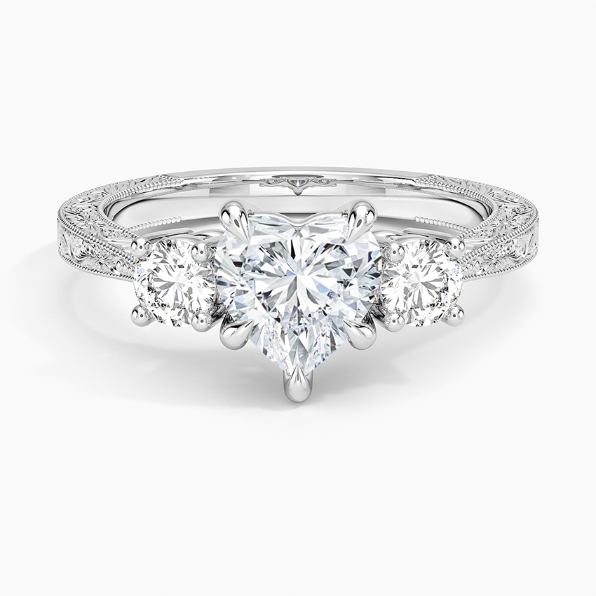 Elsie Three Stone Engraved Diamond Ring (1/3 ct. tw.) Platinum Heart Engagement Ring