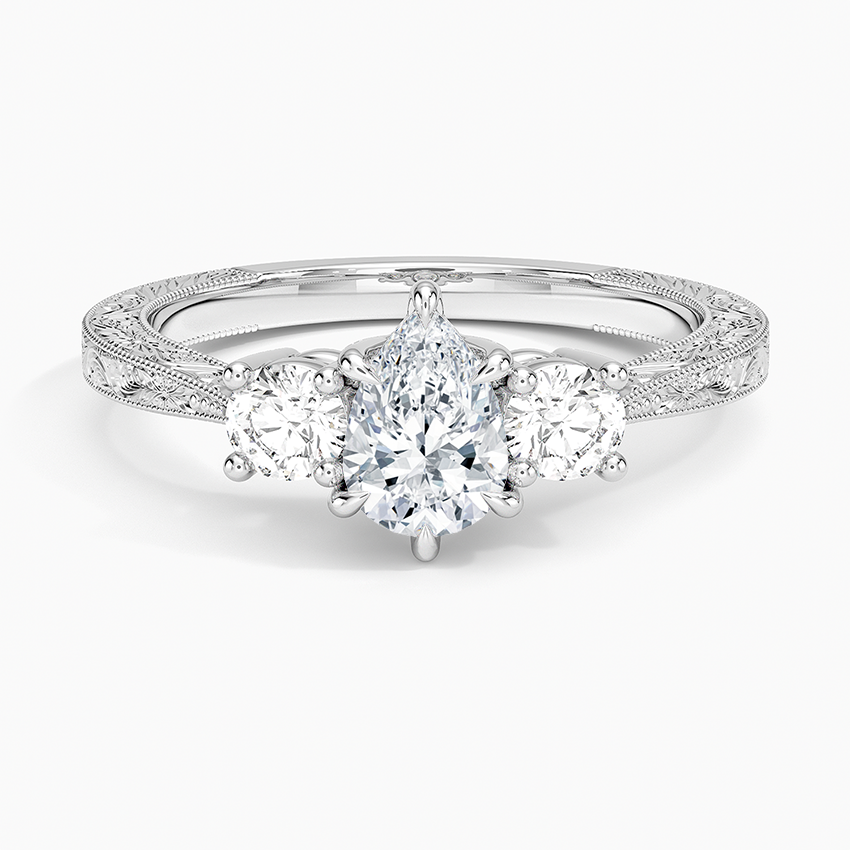 Elsie Three Stone Engraved Diamond Ring (1/3 ct. tw.) Platinum Pear Engagement Ring