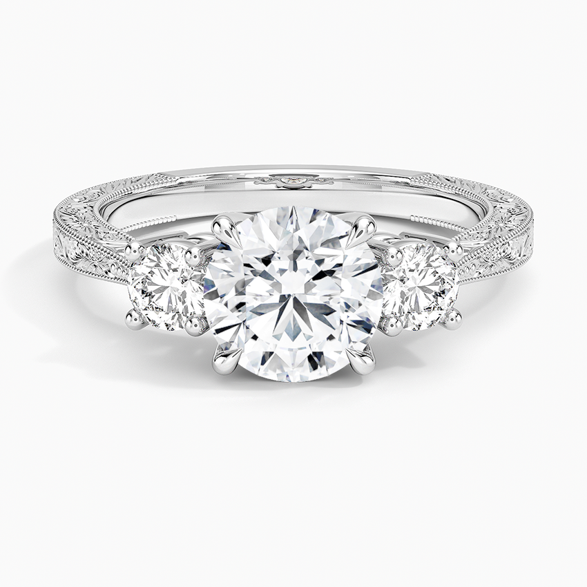 Elsie Three Stone Engraved Diamond Ring (1/3 ct. tw.) Platinum Round Engagement Ring