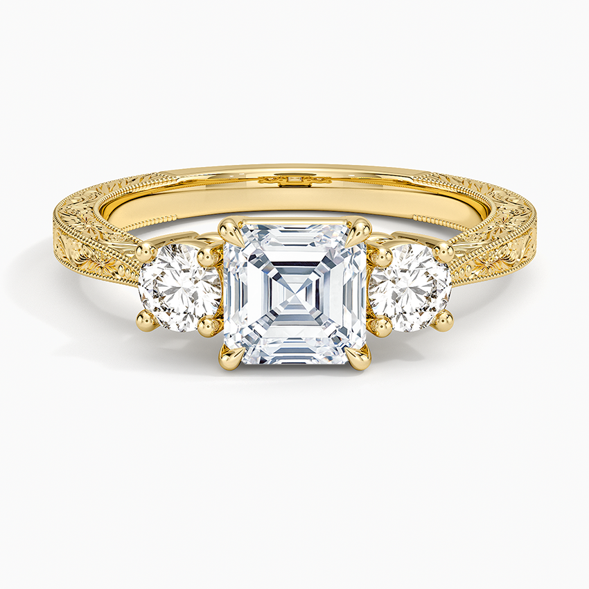 Elsie Three Stone Engraved Diamond Ring (1/3 ct. tw.) Yellow Gold 18k Asscher Engagement Ring