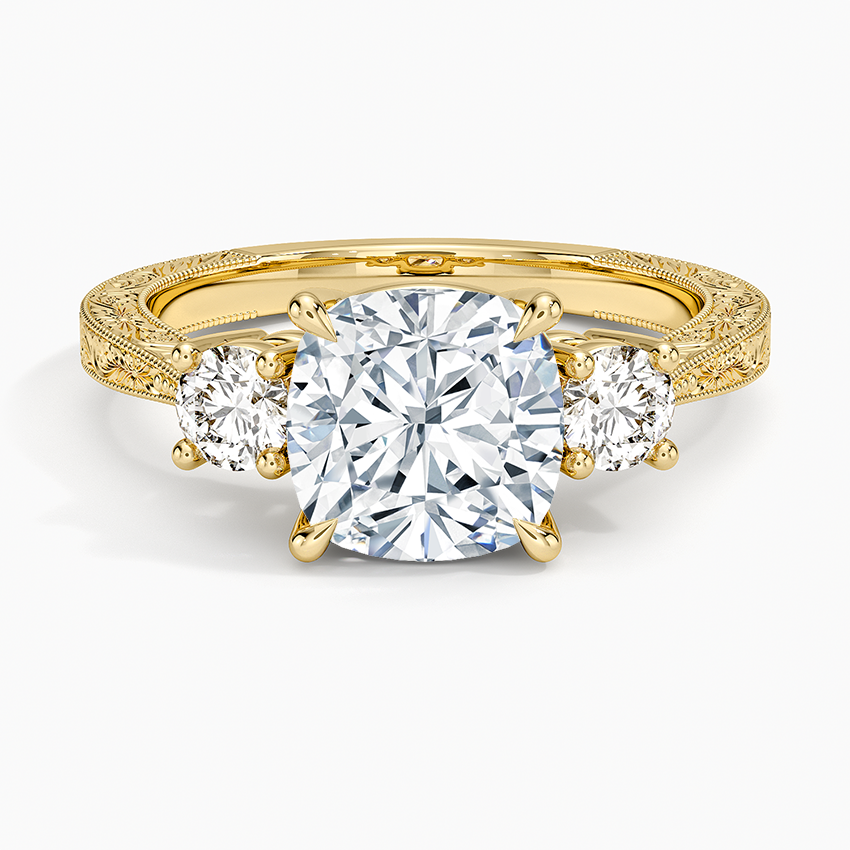 Elsie Three Stone Engraved Diamond Ring (1/3 ct. tw.) Yellow Gold 18k Cushion Engagement Ring