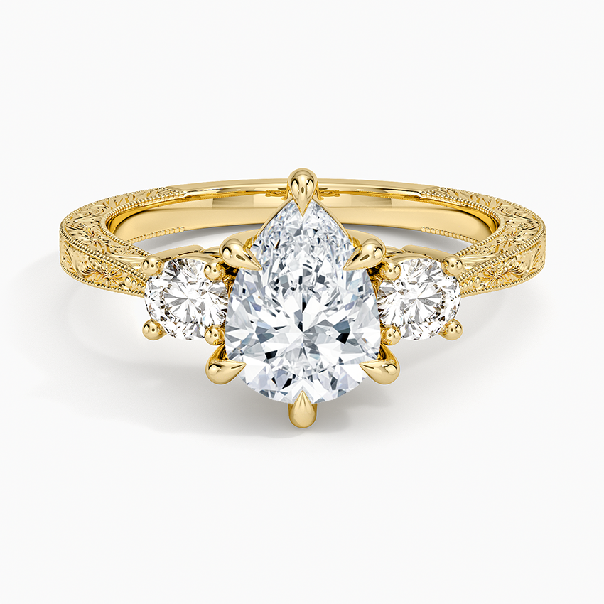 Elsie Three Stone Engraved Diamond Ring (1/3 ct. tw.) Yellow Gold 18k Pear Engagement Ring