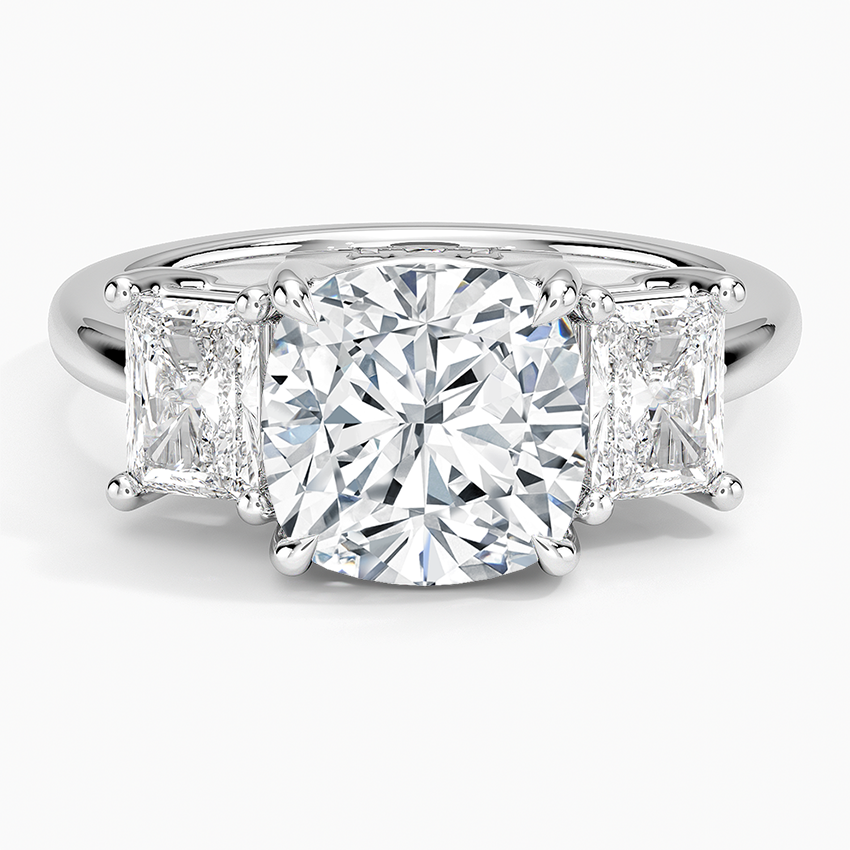 Luxe Helena Radiant-Cut Three Stone Diamond Ring Platinum Cushion Engagement Ring