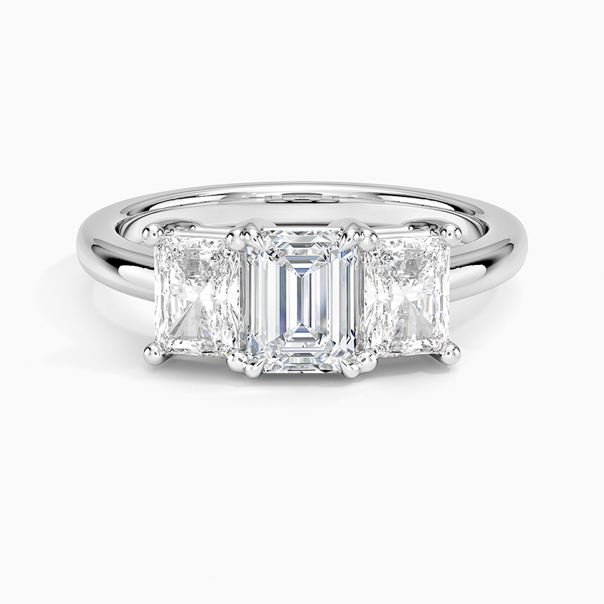 Luxe Helena Radiant-Cut Three Stone Diamond Ring Platinum Emerald Engagement Ring