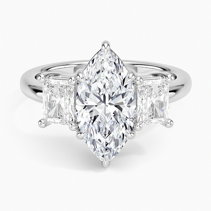 Luxe Helena Radiant-Cut Three Stone Diamond Ring Platinum Marquise Engagement Ring