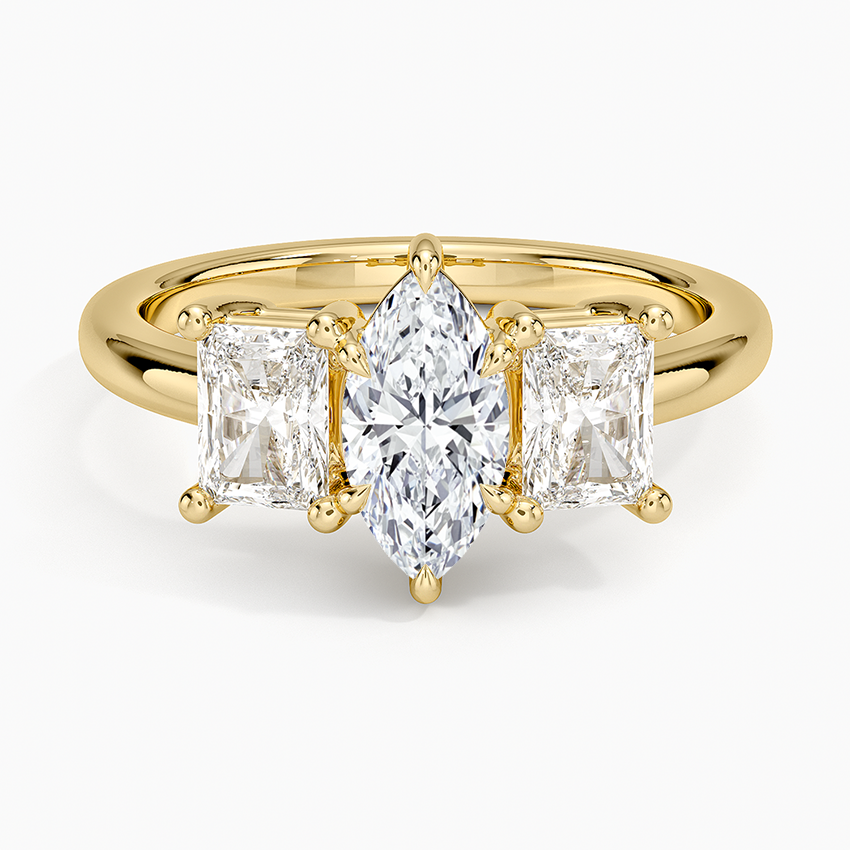 Luxe Helena Radiant-Cut Three Stone Diamond Ring Yellow Gold 18k Marquise Engagement Ring