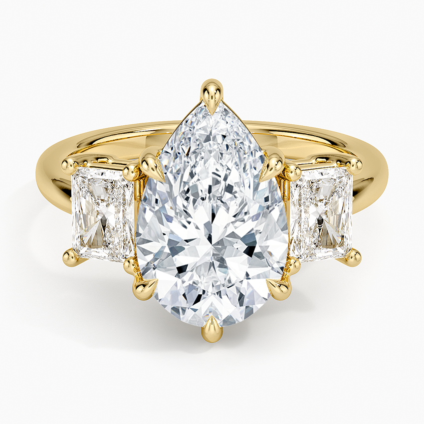Luxe Helena Radiant-Cut Three Stone Diamond Ring Yellow Gold 18k Pear Engagement Ring