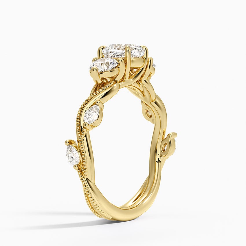 Vintage Secret Garden Three Stone Diamond Ring Yellow Gold 18k Cushion Engagement Ring