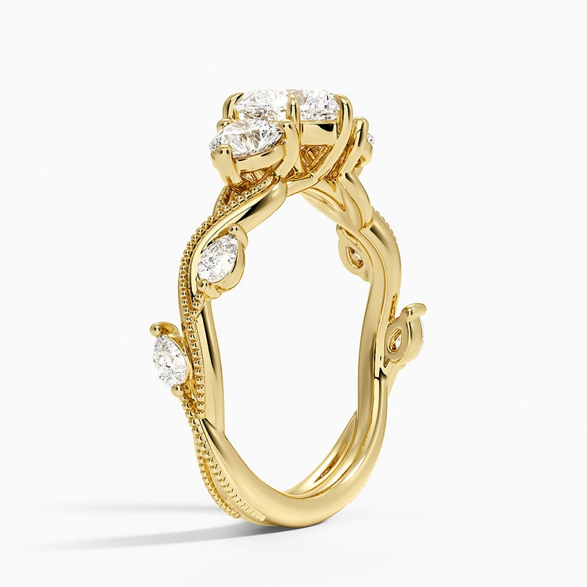 Vintage Secret Garden Three Stone Diamond Ring Yellow Gold 18k Heart Engagement Ring