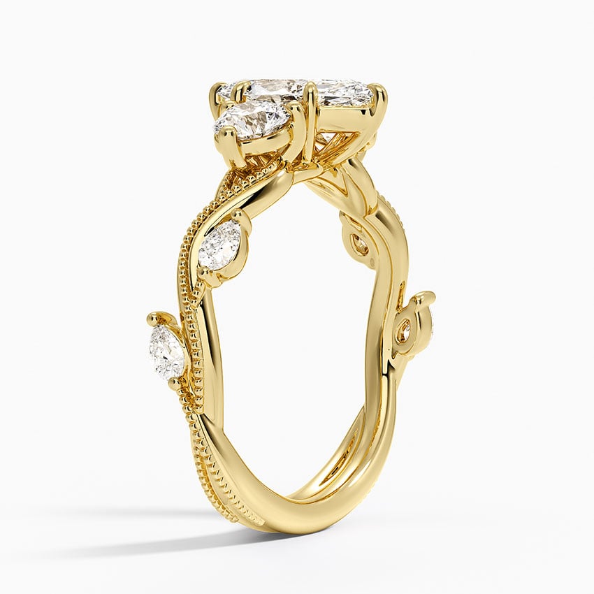 Vintage Secret Garden Three Stone Diamond Ring Yellow Gold 18k Marquise Engagement Ring