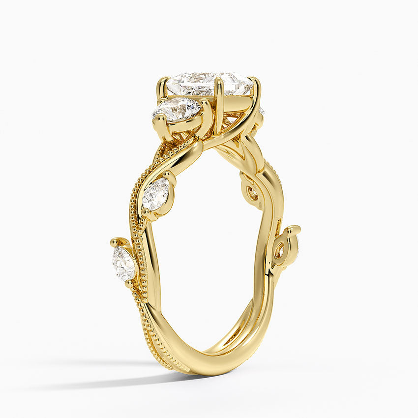 Vintage Secret Garden Three Stone Diamond Ring Yellow Gold 18k Princess Engagement Ring