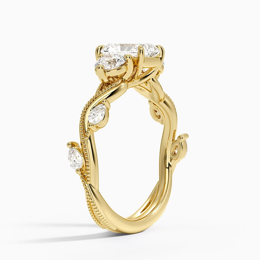 Vintage Secret Garden Three Stone Diamond Ring Yellow Gold 18k Radiant Engagement Ring