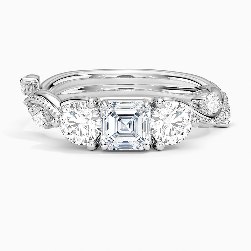 Vintage Secret Garden Three Stone Diamond Ring Platinum Asscher Engagement Ring