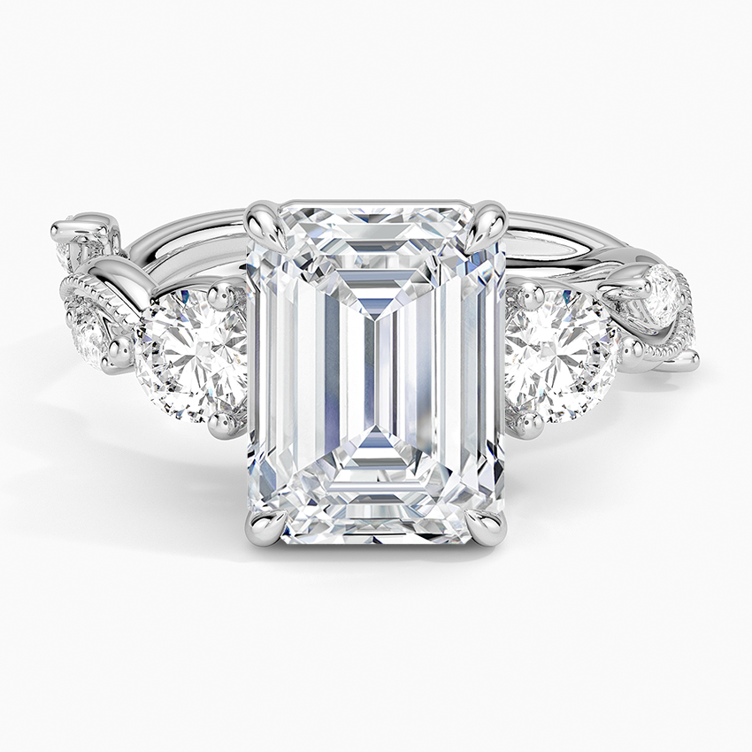 Vintage Secret Garden Three Stone Diamond Ring Platinum Emerald Engagement Ring