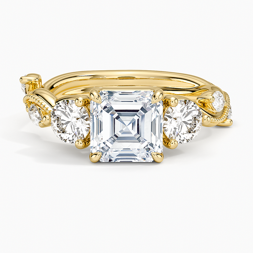Vintage Secret Garden Three Stone Diamond Ring Yellow Gold 18k Asscher Engagement Ring