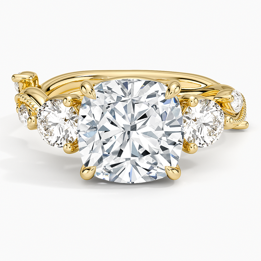 Vintage Secret Garden Three Stone Diamond Ring Yellow Gold 18k Cushion Engagement Ring