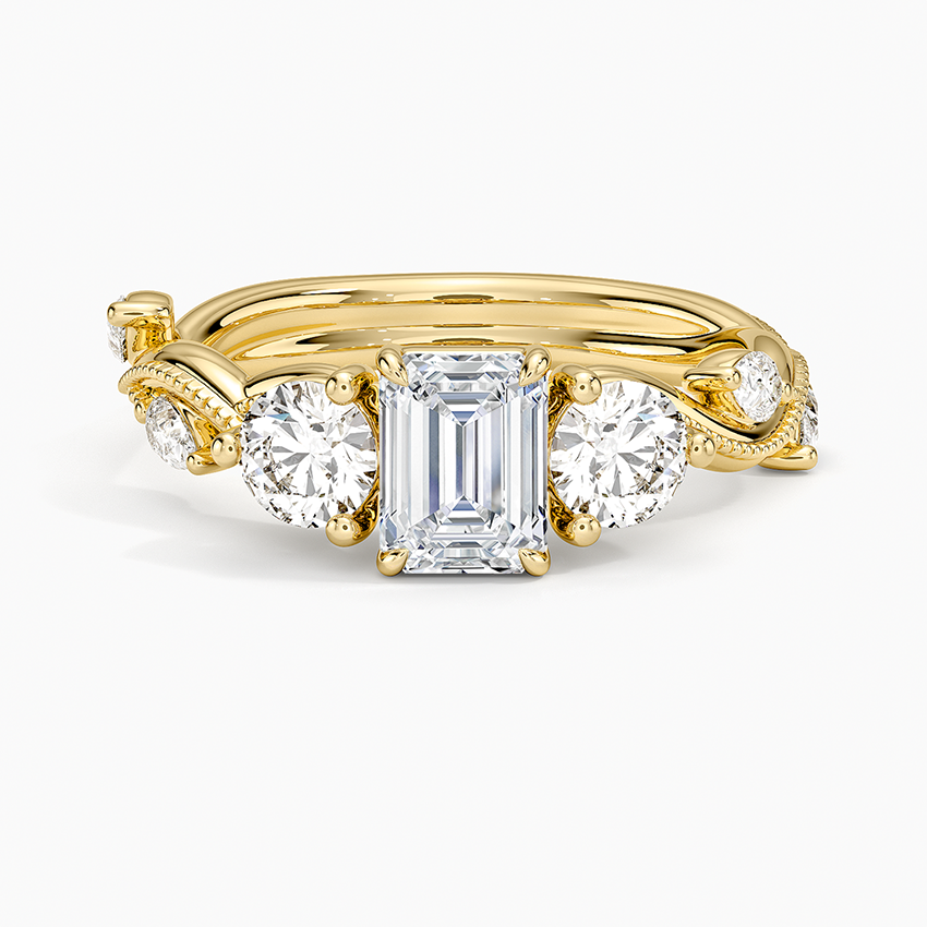 Vintage Secret Garden Three Stone Diamond Ring Yellow Gold 18k Emerald Engagement Ring