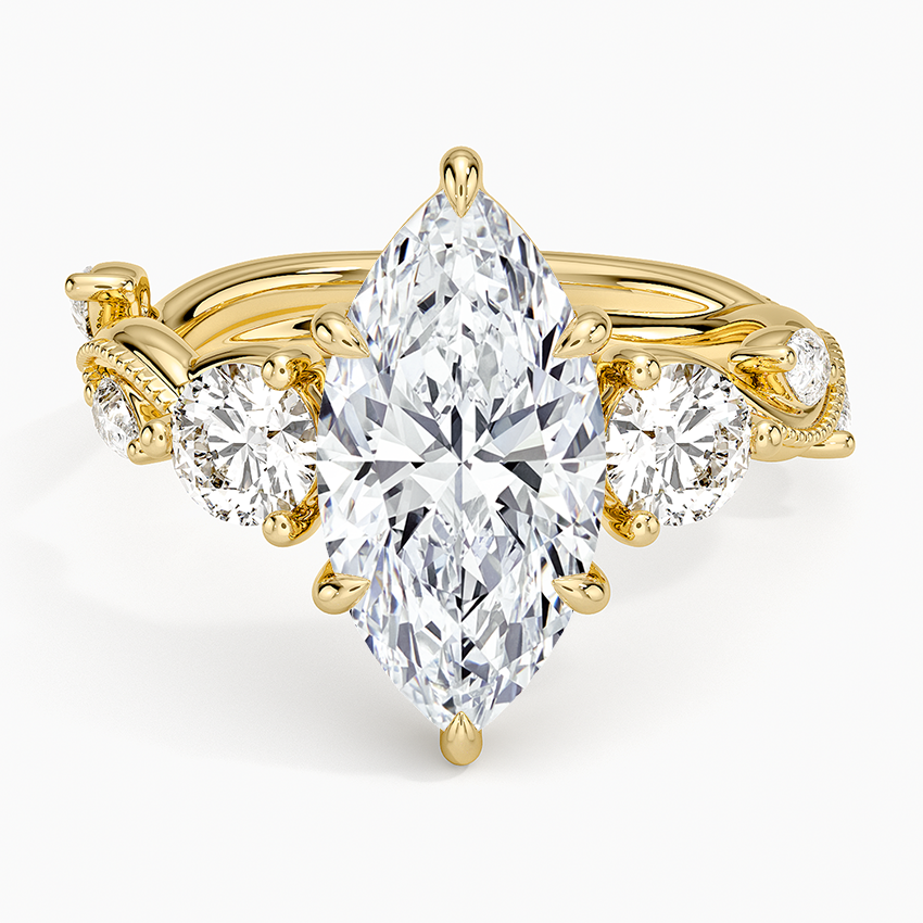 Vintage Secret Garden Three Stone Diamond Ring Yellow Gold 18k Marquise Engagement Ring