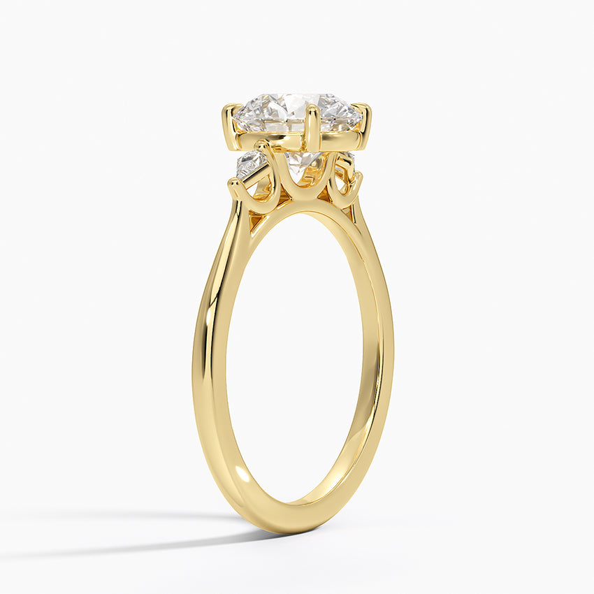 Petite Cometa Perfect Fit Three Stone Diamond Ring Yellow Gold 18k Round Engagement Ring