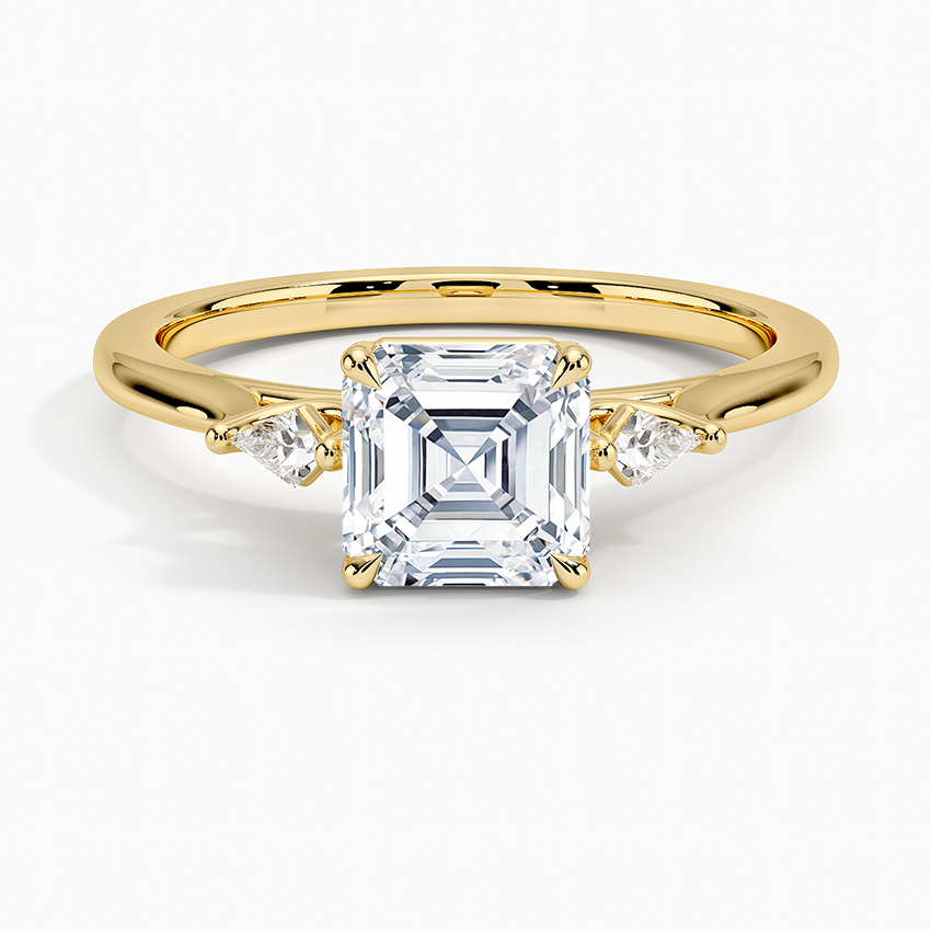 Petite Cometa Perfect Fit Three Stone Diamond Ring Yellow Gold 18k Asscher Engagement Ring