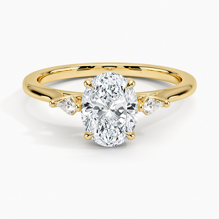 Petite Cometa Perfect Fit Three Stone Diamond Ring Yellow Gold 18k Oval Engagement Ring