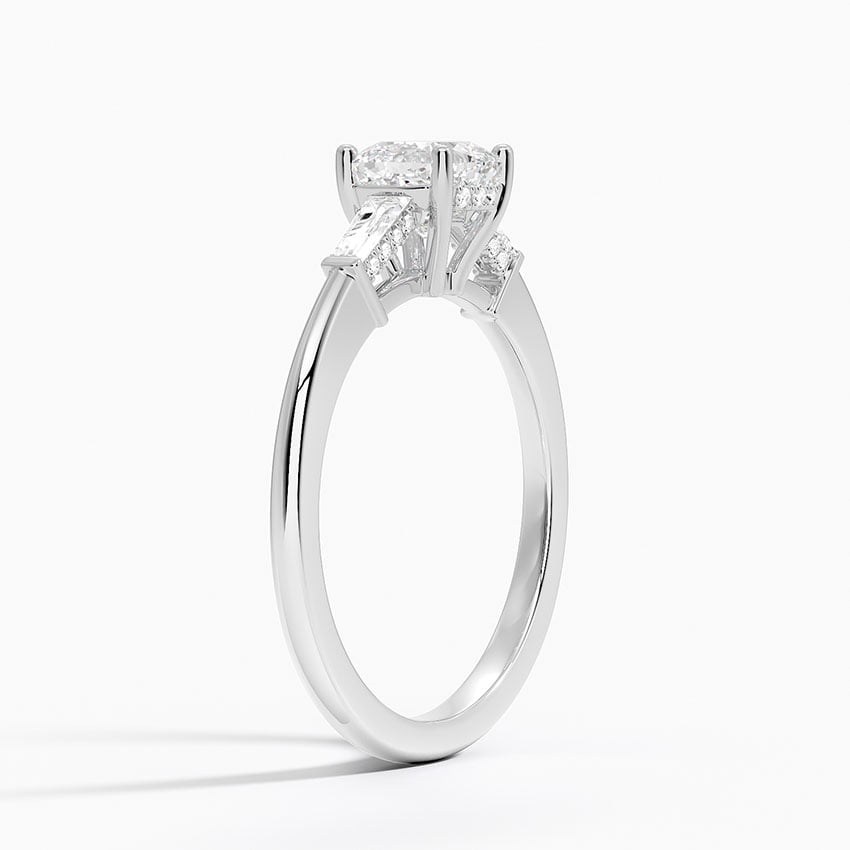Adorned Tapered Baguette Three Stone Diamond Ring Platinum Cushion Engagement Ring