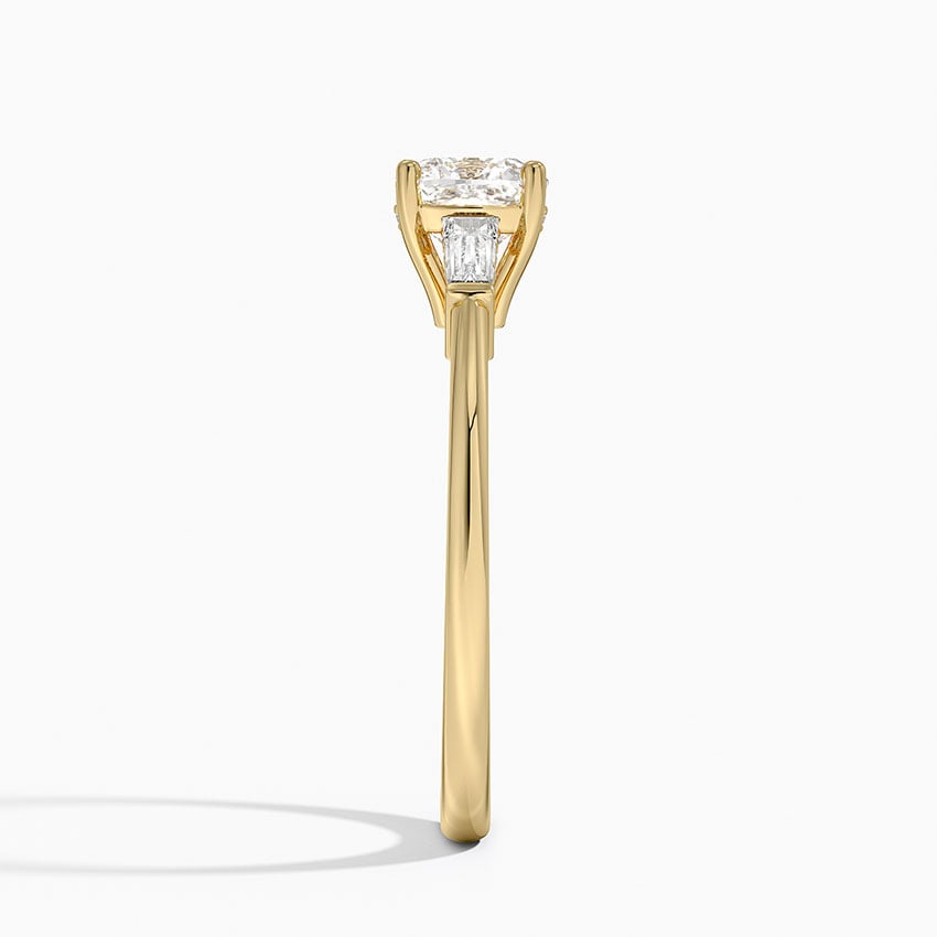 Adorned Tapered Baguette Three Stone Diamond Ring Yellow Gold 18k Cushion Engagement Ring