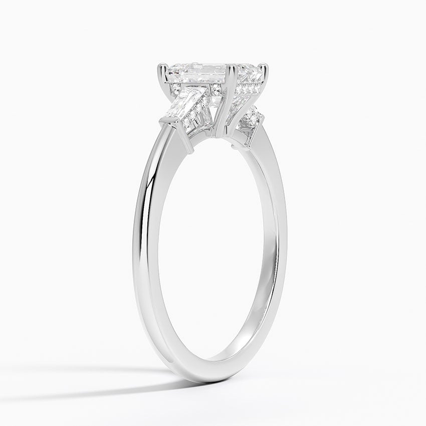 Adorned Tapered Baguette Three Stone Diamond Ring Platinum Emerald Engagement Ring