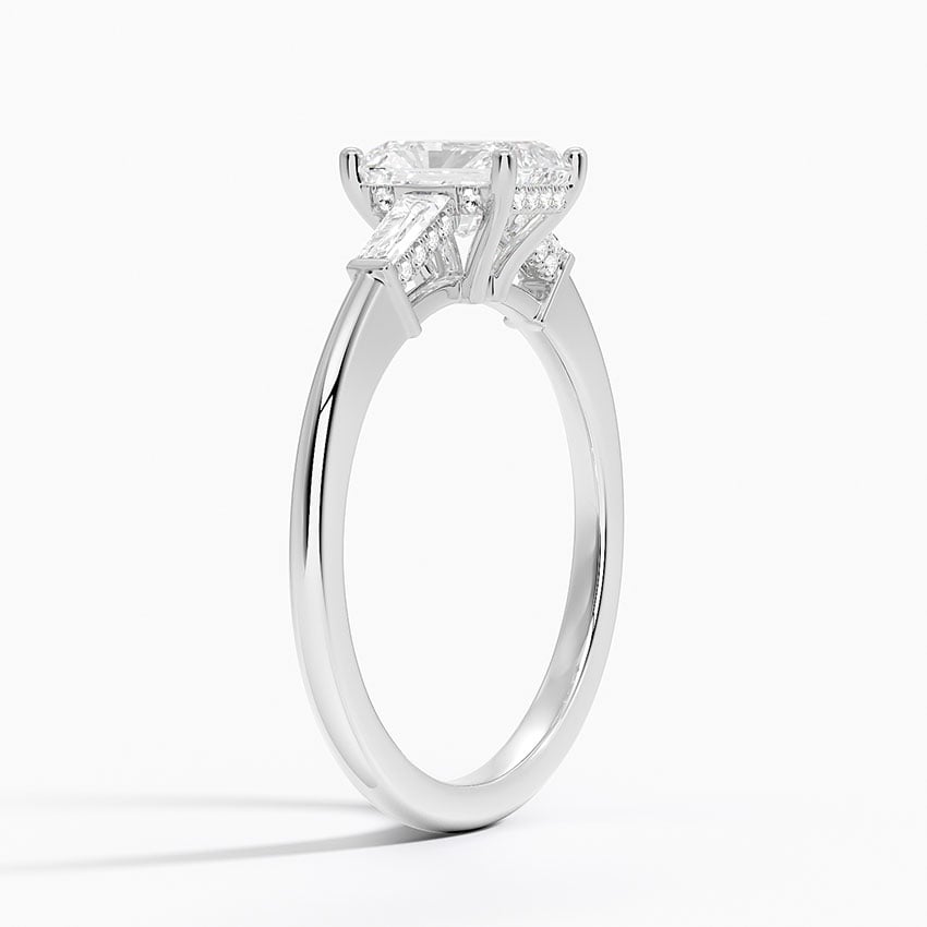 Adorned Tapered Baguette Three Stone Diamond Ring Platinum Radiant Engagement Ring