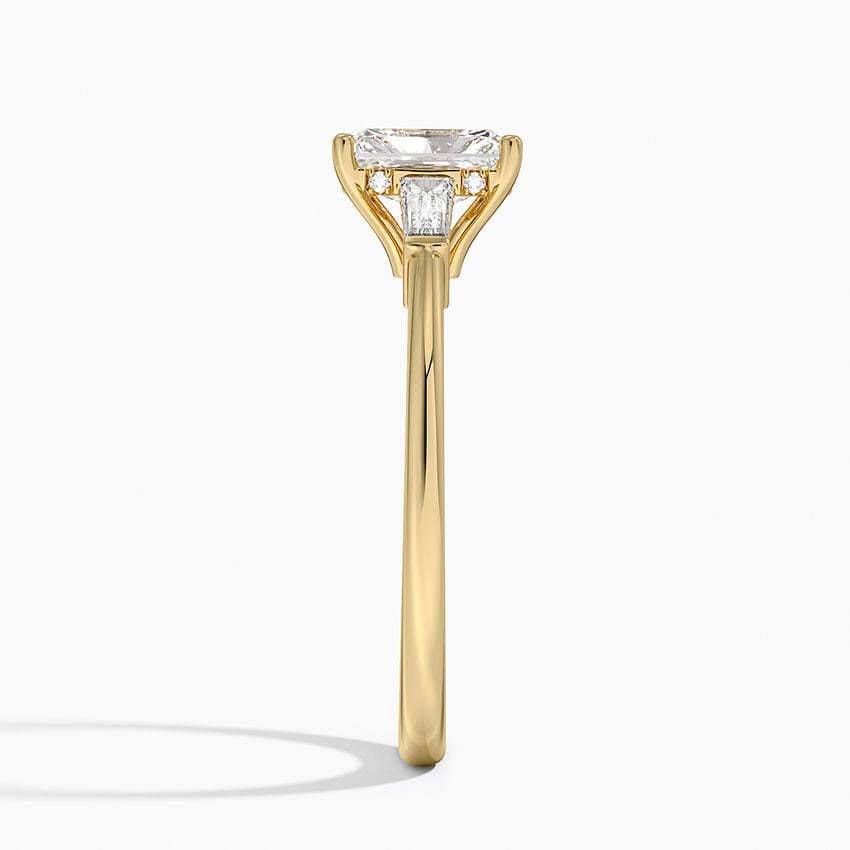 Adorned Tapered Baguette Three Stone Diamond Ring Yellow Gold 18k Radiant Engagement Ring