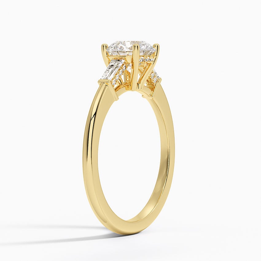 Adorned Tapered Baguette Three Stone Diamond Ring Yellow Gold 18k Round Engagement Ring
