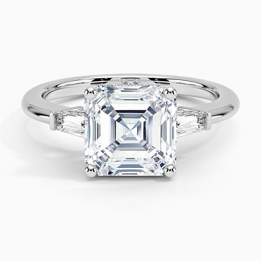 Adorned Tapered Baguette Three Stone Diamond Ring Platinum Asscher Engagement Ring
