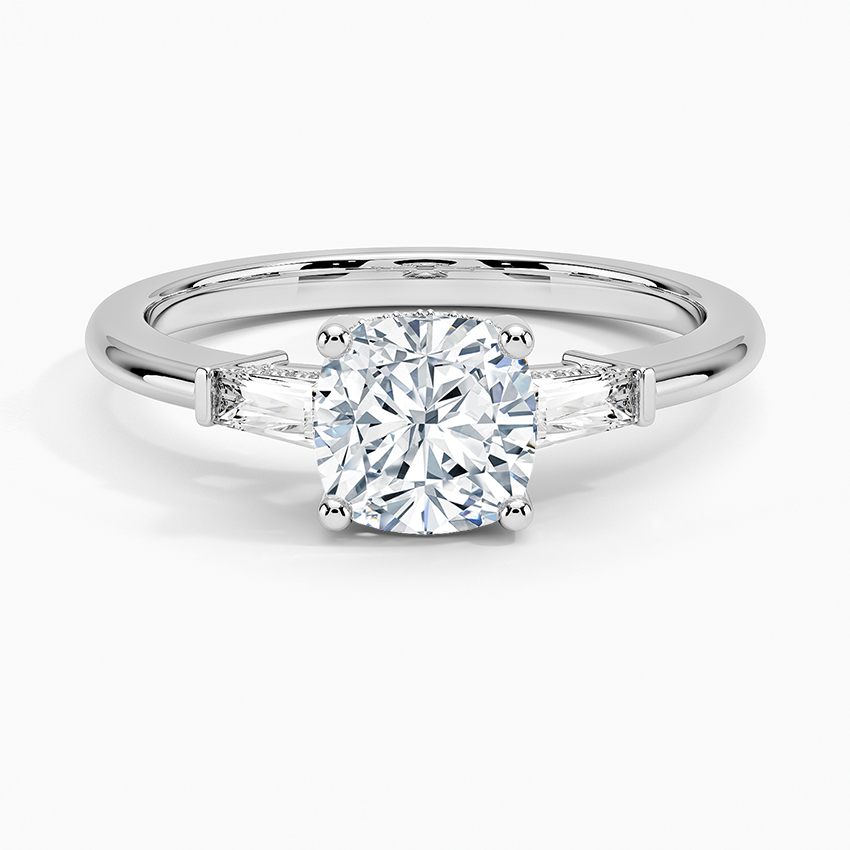 Adorned Tapered Baguette Three Stone Diamond Ring Platinum Cushion Engagement Ring