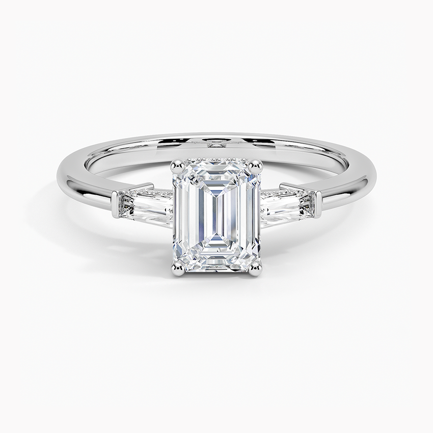 Adorned Tapered Baguette Three Stone Diamond Ring Platinum Emerald Engagement Ring
