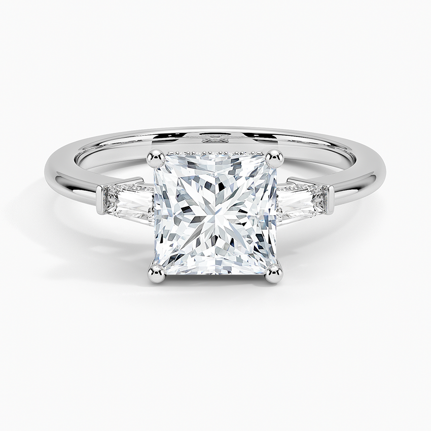 Adorned Tapered Baguette Three Stone Diamond Ring Platinum Princess Engagement Ring