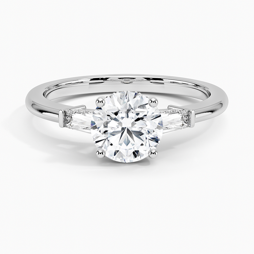 Adorned Tapered Baguette Three Stone Diamond Ring Platinum Round Engagement Ring