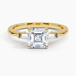 Adorned Tapered Baguette Three Stone Diamond Ring Yellow Gold 18k Asscher Engagement Ring