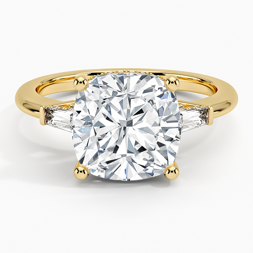 Adorned Tapered Baguette Three Stone Diamond Ring Yellow Gold 18k Cushion Engagement Ring