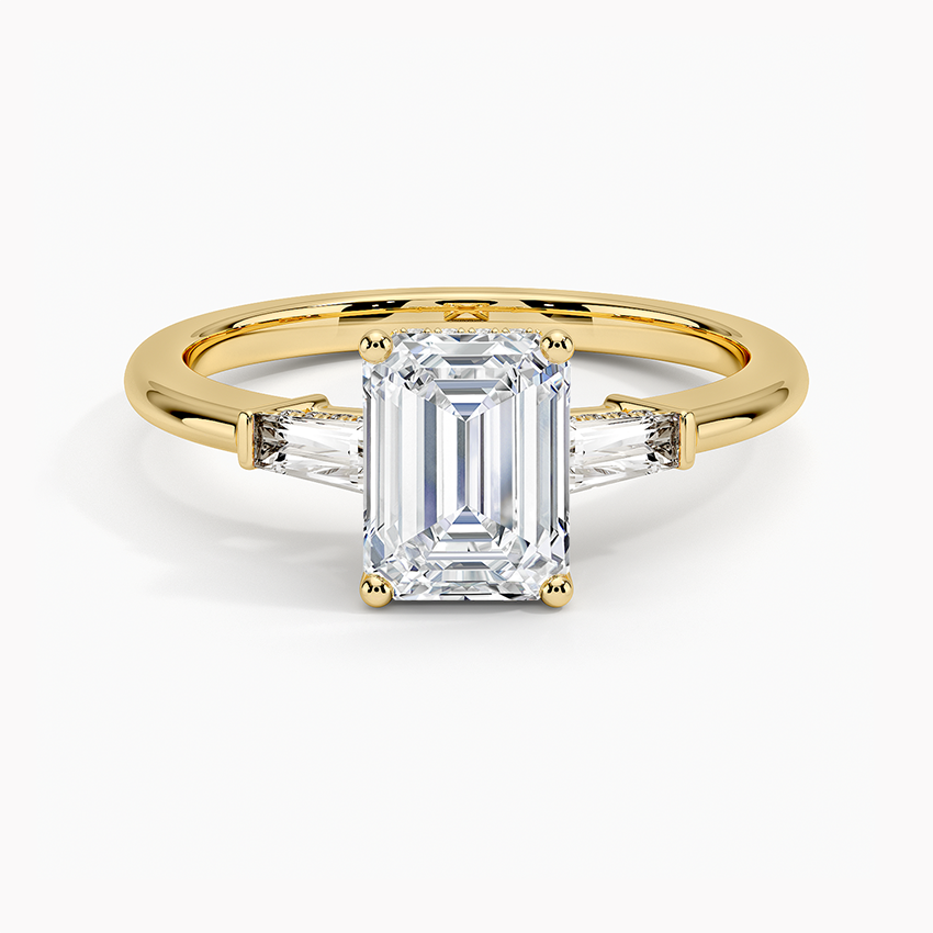 Adorned Tapered Baguette Three Stone Diamond Ring Yellow Gold 18k Emerald Engagement Ring