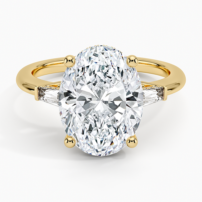 Adorned Tapered Baguette Three Stone Diamond Ring Yellow Gold 18k Oval Engagement Ring