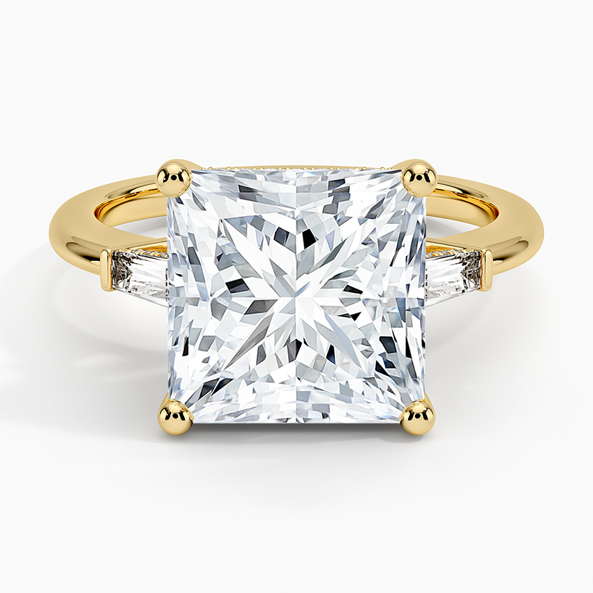 Adorned Tapered Baguette Three Stone Diamond Ring Yellow Gold 18k Princess Engagement Ring