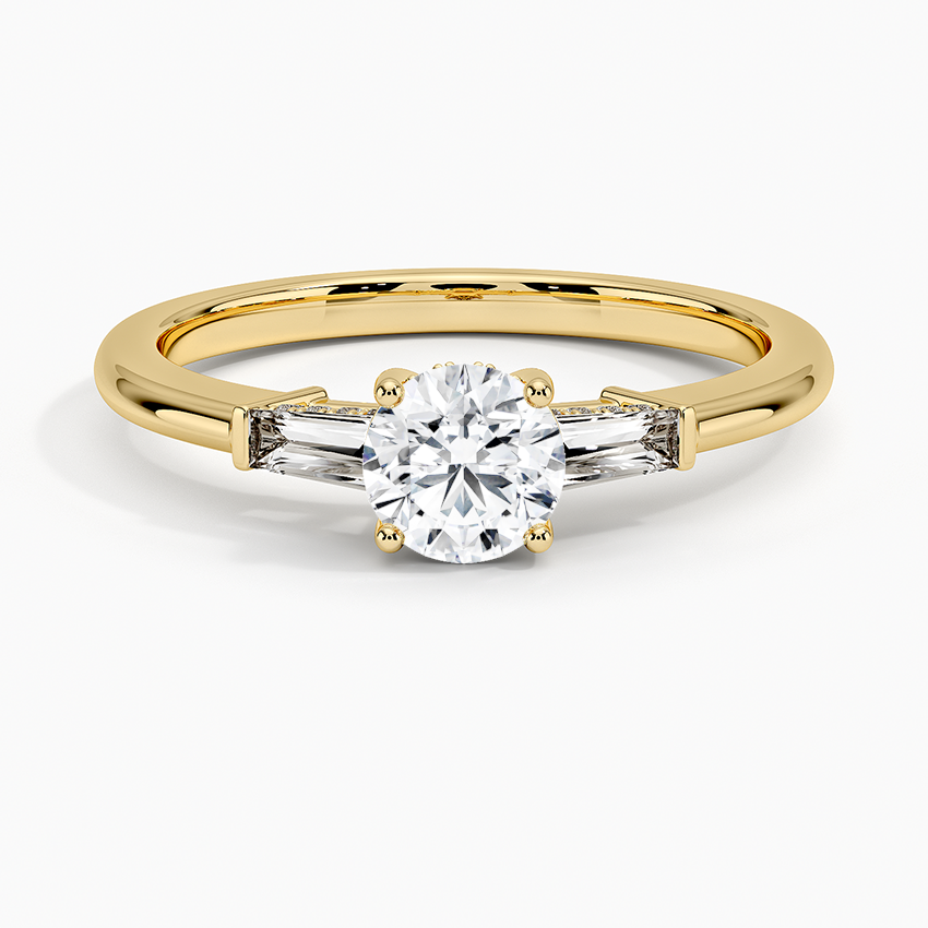 Adorned Tapered Baguette Three Stone Diamond Ring Yellow Gold 18k Round Engagement Ring