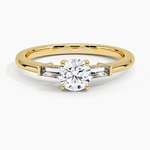 Adorned Tapered Baguette Three Stone Diamond Ring Yellow Gold 18k Round Engagement Ring